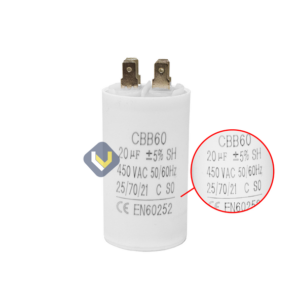 Capacitor CBB60 20?F 450 VAC 50/60 Hz